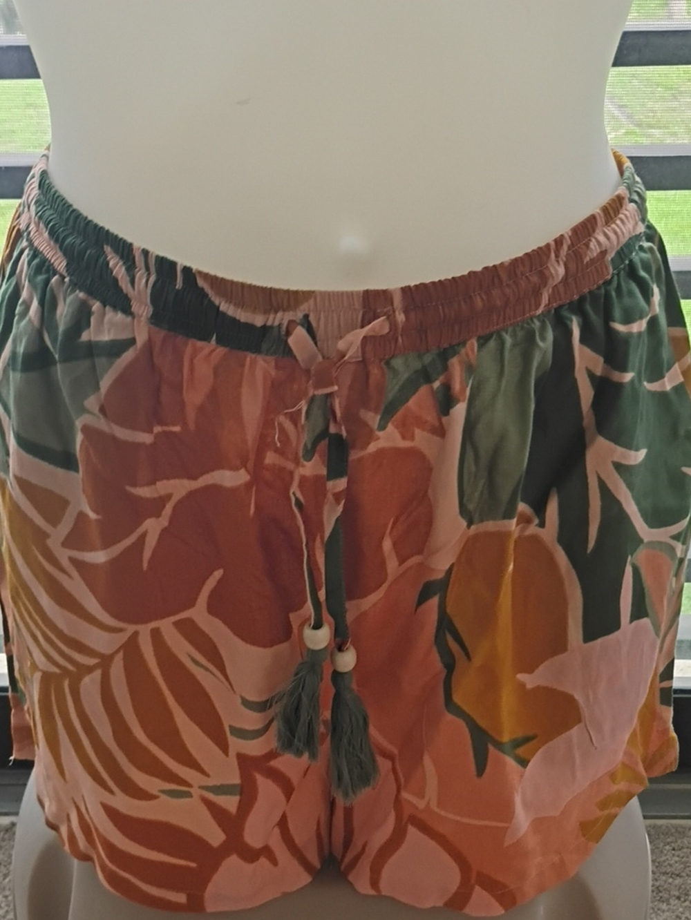 High-Waist Pink Tropical Print Drawstring Shorts